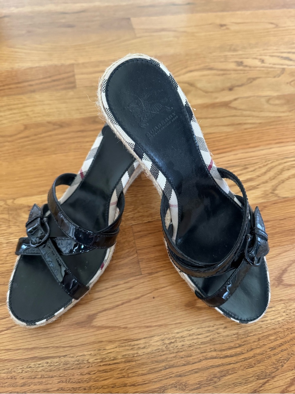Burberry Black Patent Slide Mules with Signature Check Trim